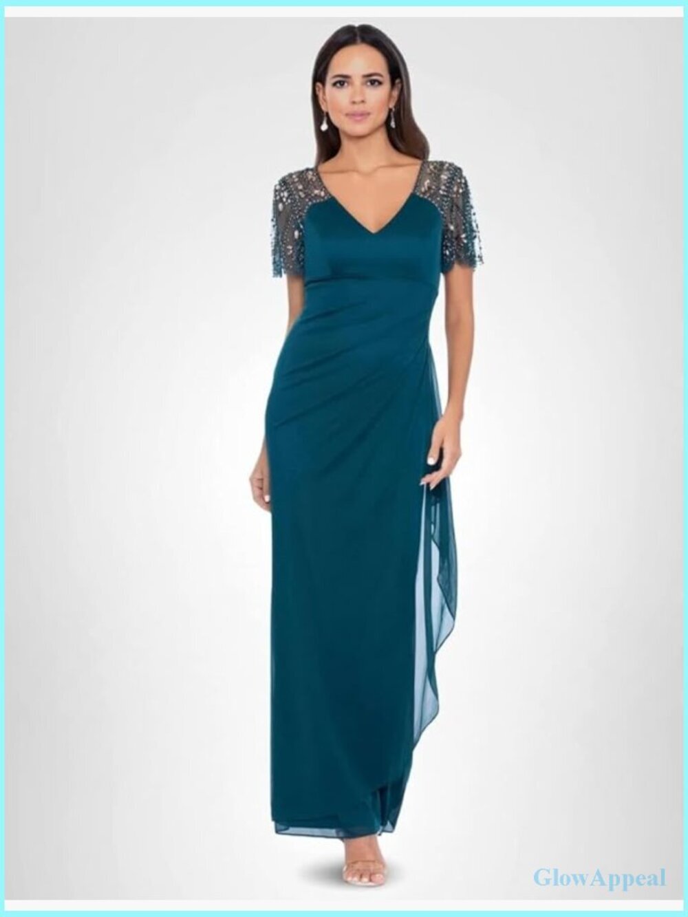 Floor Length Jersey Gown with V-Neck, Beaded Flutter Sleeves